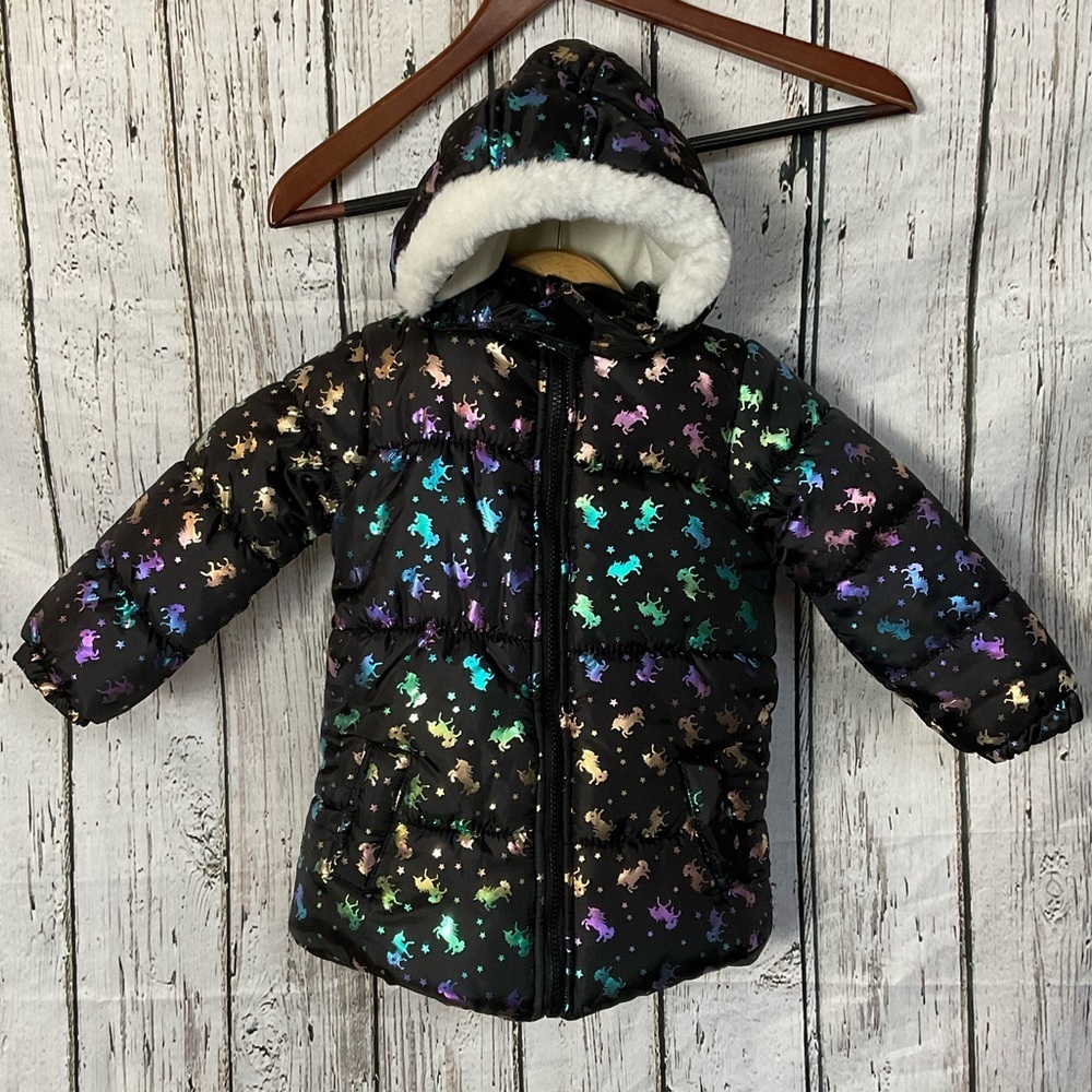 Real Love Iridescent Unicorn Fleece Lined Hooded Puffer Jacket Girls 24mo Coat - Picture 1 of 7